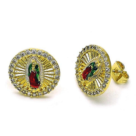 Arete Dormilona 02.411.0001 Oro Laminado, Diseño de Guadalupe, con Micro Pave Blanca, Diamantado, Tricolor