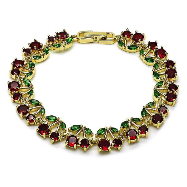 Pulsera Tennis 03.284.0059.1.08 Oro Laminado, Diseño de Cereza, con Zirconia Cubica Granate y Verde, Pulido, Dorado