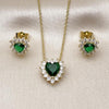 Juego de Arete y Dije de Adulto 10.156.0516 Oro Laminado, Diseño de Corazon y Cluster, Diseño de Corazon, con Zirconia Cubica Verde y Blanca, Pulido, Dorado
