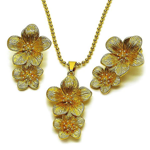 Juego de Arete y Dije de Adulto 10.282.0010 Oro Laminado, Diseño de Flor y Bola, Diseño de Flor, Diamantado, Dorado