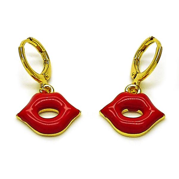 Arete Colgante 02.411.0080 Oro Laminado, Diseño de Labios, Esmaltado Rojo, Dorado