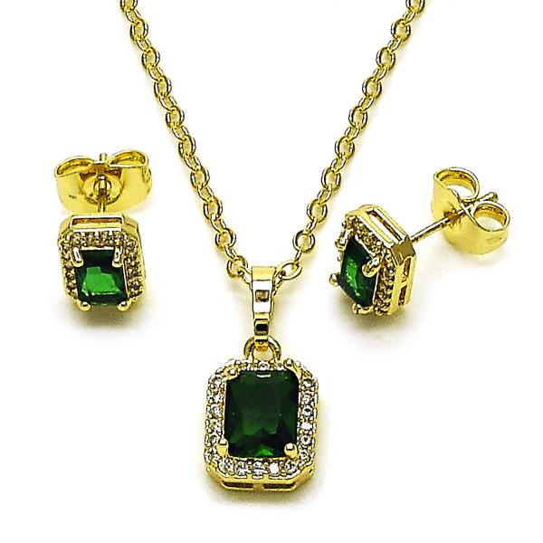Juego de Arete y Dije de Adulto 10.196.0187.1 Oro Laminado, Diseño de Cluster, con Zirconia Cubica Verde y Micro PaveBlanca, Pulido, Dorado