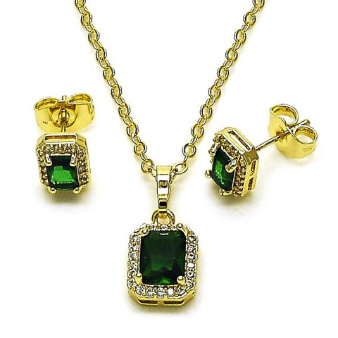 Juego de Arete y Dije de Adulto 10.196.0187.1 Oro Laminado, Diseño de Cluster, con Zirconia Cubica Verde y Micro PaveBlanca, Pulido, Dorado