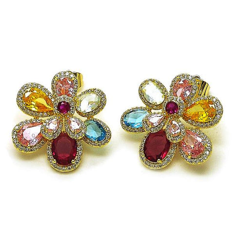 Arete Dormilona 02.436.0010 Oro Laminado, Diseño de Flor y Gota, Diseño de Flor, con Zirconia Cubica Multicolor y Micro PaveBlanca, Pulido, Dorado