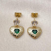 Arete Dormilona 02.213.0836 Oro Laminado, Diseño de Corazon, con Zirconia Cubica Verde y Blanca, Pulido, Dorado