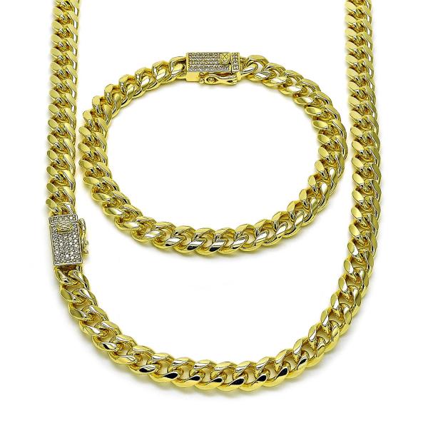 Collar y Pulso 06.213.0028 Oro Laminado, Diseño de Miami Cubana, con Micro Pave Blanca, Pulido, Dorado