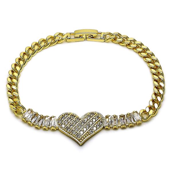 Pulsera Elegante 03.283.0478.07 Oro Laminado, Diseño de Corazon y Baguette, Diseño de Corazon, con Zirconia Cubica Blanca, Pulido, Dorado