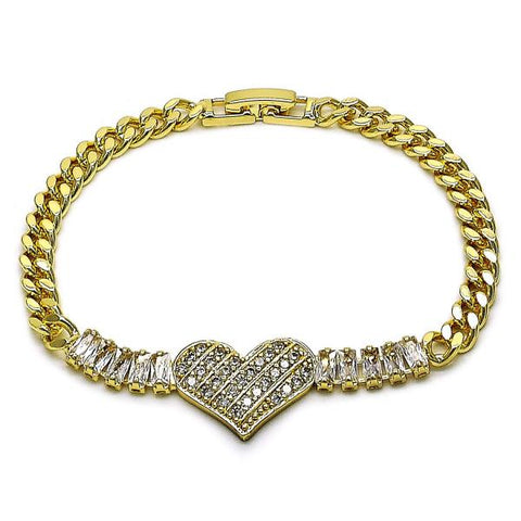 Pulsera Elegante 03.283.0478.07 Oro Laminado, Diseño de Corazon y Baguette, Diseño de Corazon, con Zirconia Cubica Blanca, Pulido, Dorado