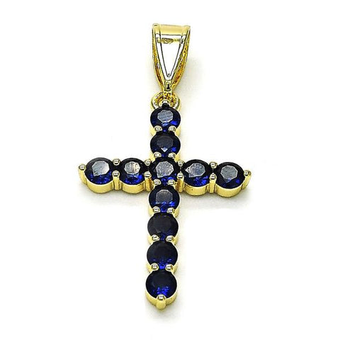 Dije Religioso 05.253.0183.1 Oro Laminado, Diseño de Cruz, con Zirconia Cubica Zafiro Azul, Pulido, Dorado