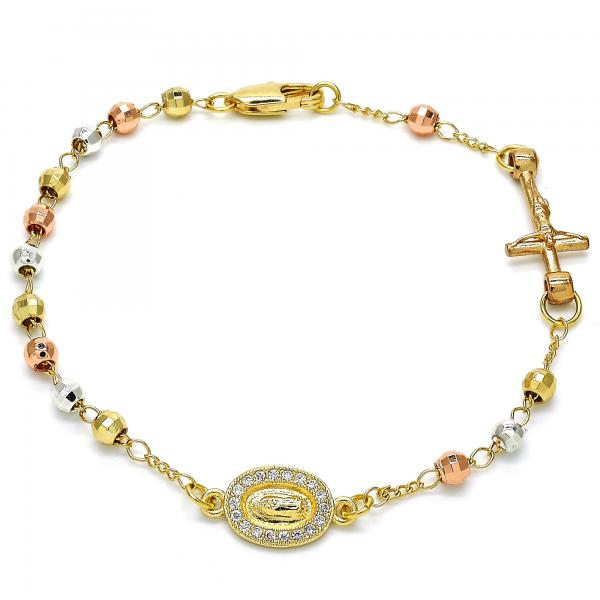 Pulsera Elegante 03.253.0030.08 Oro Laminado, Diseño de Guadalupe y Crucifijo, Diseño de Guadalupe, con Micro Pave Blanca, Diamantado, Tricolor