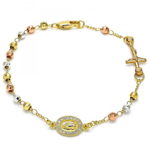 Pulsera Elegante 03.253.0030.08 Oro Laminado, Diseño de Guadalupe y Crucifijo, Diseño de Guadalupe, con Micro Pave Blanca, Diamantado, Tricolor
