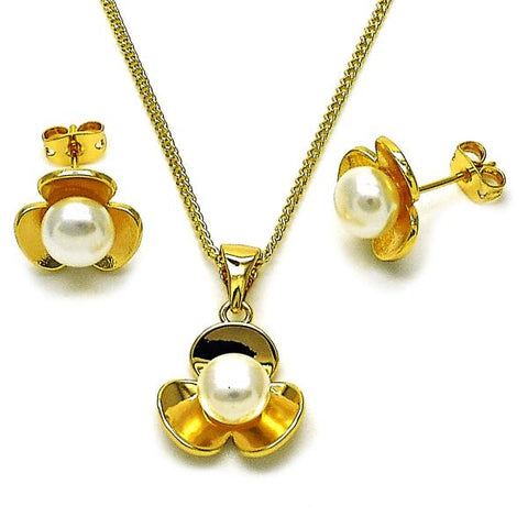 Juego de Arete y Dije de Adulto 10.342.0255 Oro Laminado, Diseño de Flor, con Perla Marfil, Pulido, Dorado