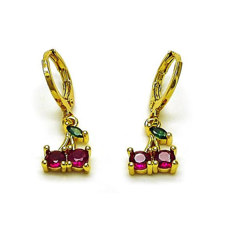 Arete Colgante 02.411.0079 Oro Laminado, Diseño de Cereza, con Zirconia Cubica Rubi y Verde, Pulido, Dorado
