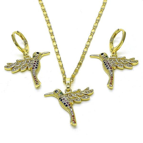 Juego de Arete y Dije de Adulto 10.196.0137 Oro Laminado, Diseño de Pajaro, con Micro Pave Multicolor, Pulido, Dorado