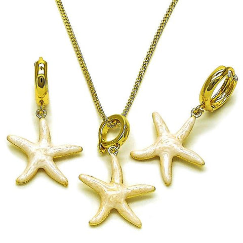 Juego de Arete y Dije de Adulto 10.341.0014 Oro Laminado, Diseño de Estrella, Esmaltado Blanco, Dorado