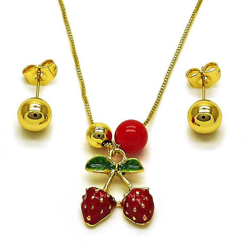 Juego de Arete y Dije de Adulto 10.417.0024 Oro Laminado, Diseño de Fresa y Bola, Diseño de Fresa, con Perla Granate, Esmaltado Rojo, Dorado