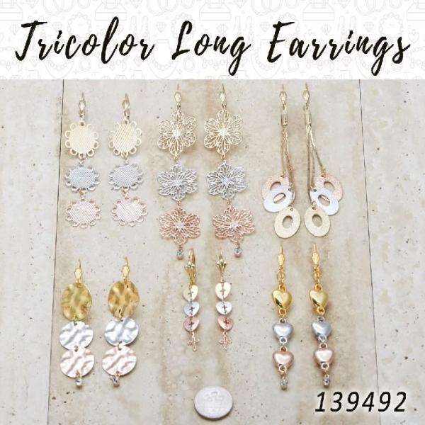 Kit Surtido de 35 Aretes Largos Tricolor de Oro Laminado al por mayor — SKU 139492