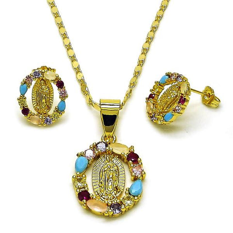 Juego de Arete y Dije de Adulto 10.411.0012 Oro Laminado, Diseño de Guadalupe, con Zirconia Cubica Multicolor, Pulido, Dorado