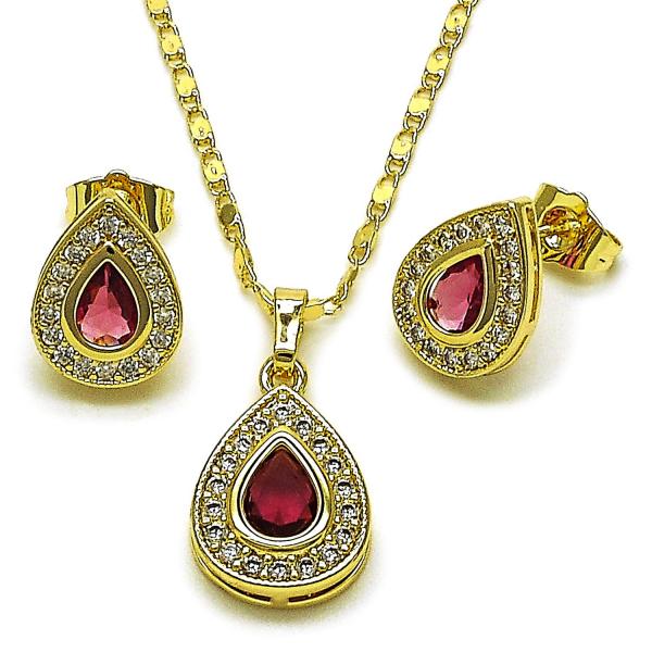 Juego de Arete y Dije de Adulto 10.196.0197.1 Oro Laminado, Diseño de Cluster y Gota, Diseño de Cluster, con Zirconia Cubica Rubi y Blanca, Pulido, Dorado