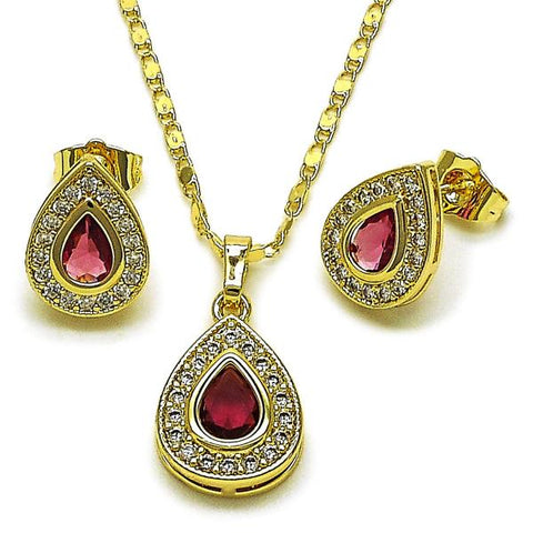 Juego de Arete y Dije de Adulto 10.196.0197.1 Oro Laminado, Diseño de Cluster y Gota, Diseño de Cluster, con Zirconia Cubica Rubi y Blanca, Pulido, Dorado