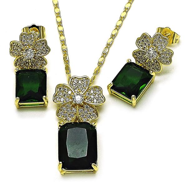 Juego de Arete y Dije de Adulto 10.196.0190.1 Oro Laminado, Diseño de Flor, con Zirconia Cubica Verde y Micro PaveBlanca, Pulido, Dorado
