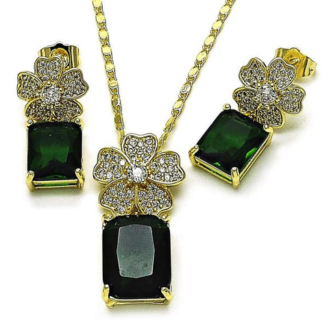 Juego de Arete y Dije de Adulto 10.196.0190.1 Oro Laminado, Diseño de Flor, con Zirconia Cubica Verde y Micro PaveBlanca, Pulido, Dorado
