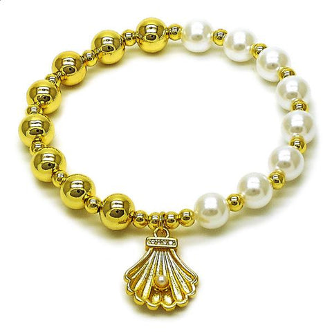 Pulsera Elegante 03.341.0248.07 Oro Laminado, Diseño de Concha y Bola, Diseño de Concha, con Perla Marfil y Micro PaveBlanca, Pulido, Dorado