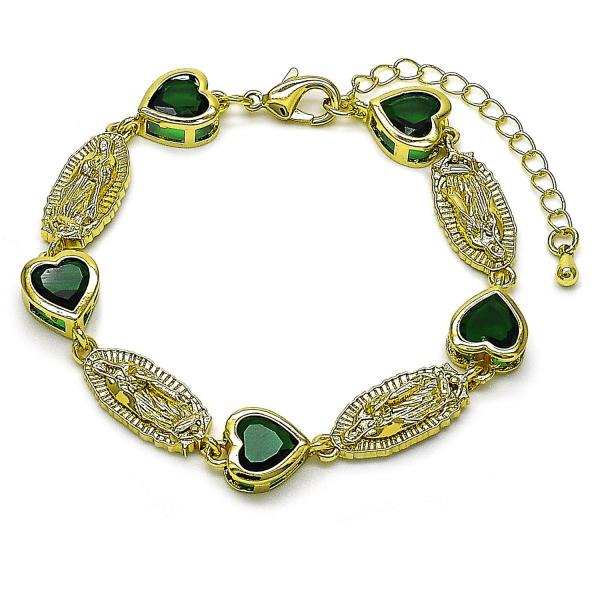 Pulsera Elegante 03.423.0001.2.07 Oro Laminado, Diseño de Guadalupe y Corazon, Diseño de Guadalupe, con Zirconia Cubica Verde, Pulido, Dorado