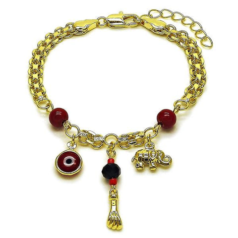 Pulsera Elegante 03.213.0363.07 Oro Laminado, Diseño de Bismarco y Ojo Griego, Diseño de Bismarco, con Perla Granate, Pulido, Dorado