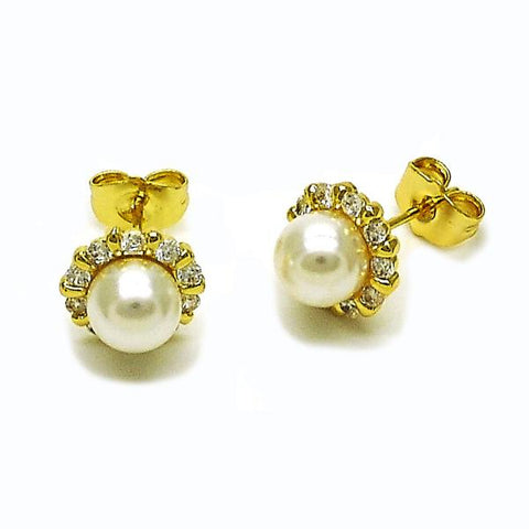 Arete Dormilona 02.156.0719 Oro Laminado, Diseño de Bola, con Perla Marfil y Zirconia CubicaBlanca, Pulido, Dorado