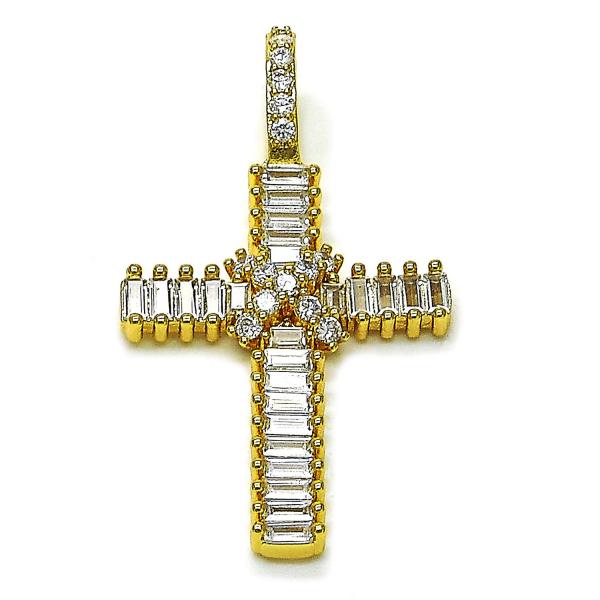 Dije Religioso 05.342.0232 Oro Laminado, Diseño de Cruz y Baguette, Diseño de Cruz, con Zirconia Cubica Blanca, Pulido, Dorado