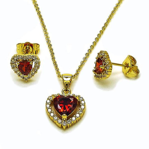Juego de Arete y Dije de Adulto 10.156.0539.1 Oro Laminado, Diseño de Corazon y Cluster, Diseño de Corazon, con Zirconia Cubica Granate y Blanca, Pulido, Dorado