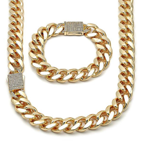 Collar y Pulso 06.156.0006 Oro Laminado, Diseño de Miami Cubana, con Zirconia Cubica Blanca, Pulido, Dorado