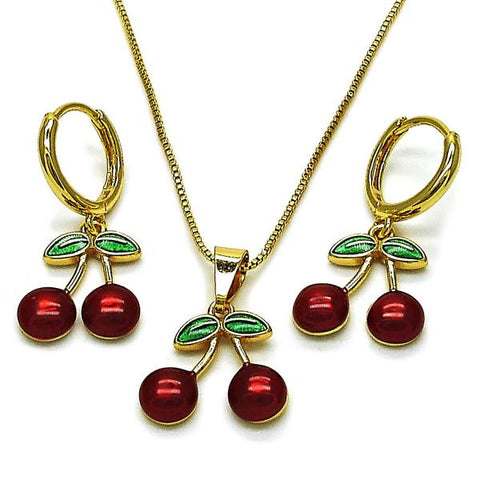 Juego de Arete y Dije de Adulto 10.282.0009 Oro Laminado, Diseño de Cereza, Esmaltado Rojo, Dorado