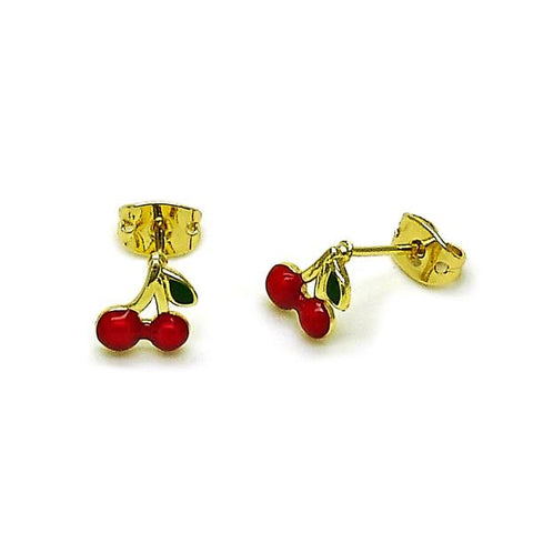 Arete Dormilona 02.213.0817 Oro Laminado, Diseño de Cereza, Esmaltado Rojo, Dorado
