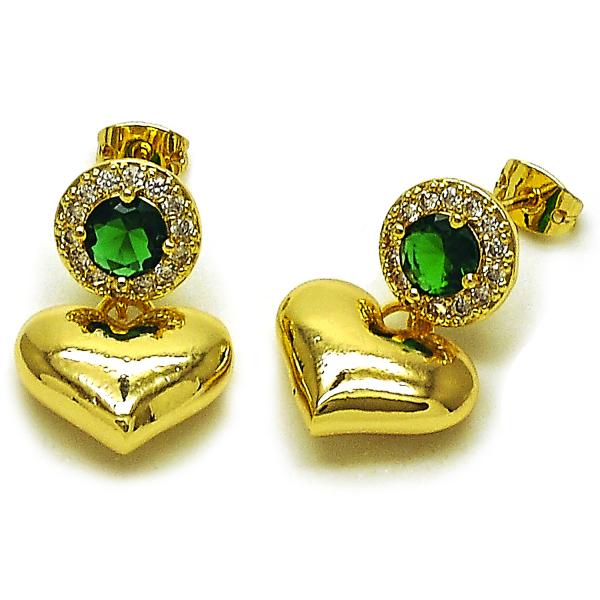 Arete Colgante 02.213.0844.2 Oro Laminado, Diseño de Corazon y Cluster, Diseño de Corazon, con Zirconia Cubica Verde y Blanca, Pulido, Dorado