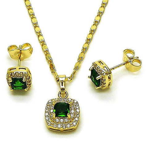Juego de Arete y Dije de Adulto 10.196.0183.1 Oro Laminado, Diseño de Cluster, con Zirconia Cubica Verde y Micro PaveBlanca, Pulido, Dorado