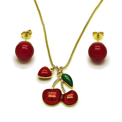 Juego de Arete y Dije de Adulto 10.417.0025 Oro Laminado, Diseño de Cereza y Corazon, Diseño de Cereza, con Perla Granate, Esmaltado Rojo, Dorado