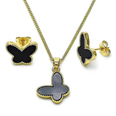 Juego de Arete y Dije de Adulto 10.283.0020 Oro Laminado, Diseño de Mariposa, con Madre Perla Negro, Pulido, Dorado