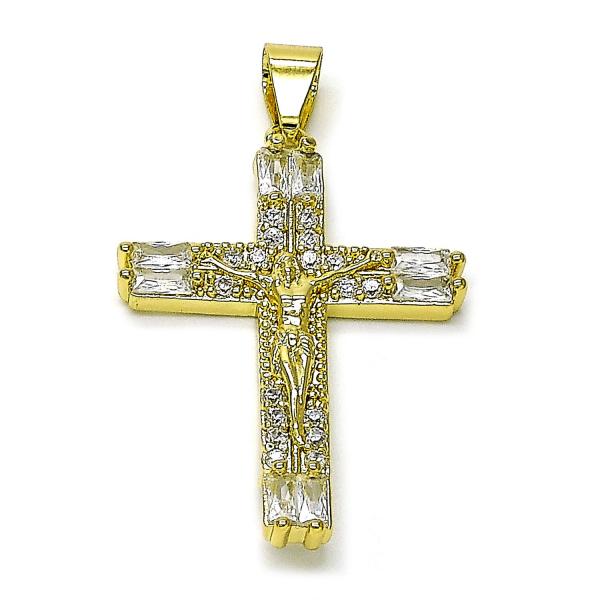 Dije Religioso 05.213.0152 Oro Laminado, Diseño de Cruz y Baguette, Diseño de Cruz, con Zirconia Cubica Blanca, Pulido, Dorado