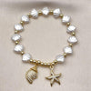 Pulsera Elegante 03.341.0259.07 Oro Laminado, Diseño de Estrella y Caracol, Diseño de Estrella, con Perla Marfil y Micro PaveBlanca, Pulido, Dorado