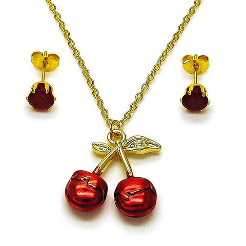 Juego de Arete y Dije de Adulto 10.417.0016 Oro Laminado, Diseño de Cereza, con Zirconia Cubica Granate, Esmaltado Rojo, Dorado