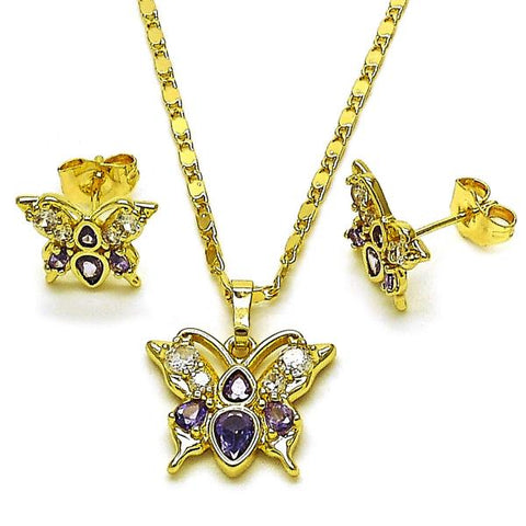 Juego de Arete y Dije de Adulto 10.196.0170 Oro Laminado, Diseño de Mariposa, con Zirconia Cubica Amatista y Blanca, Pulido, Dorado
