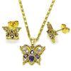 Juego de Arete y Dije de Adulto 10.196.0170 Oro Laminado, Diseño de Mariposa, con Zirconia Cubica Amatista y Blanca, Pulido, Dorado