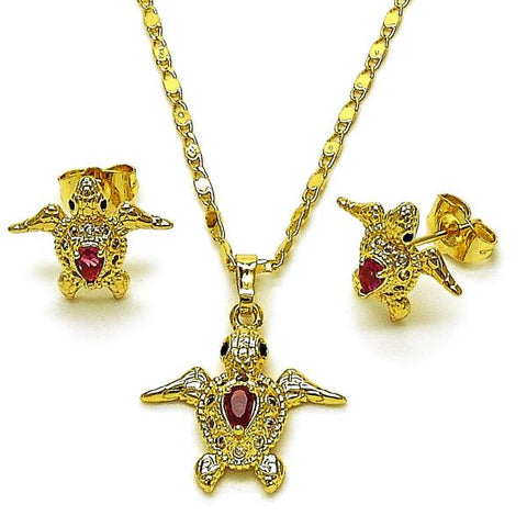 Juego de Arete y Dije de Adulto 10.196.0174 Oro Laminado, Diseño de Tortuga, con Zirconia Cubica Rubi y Blanca, Pulido, Dorado