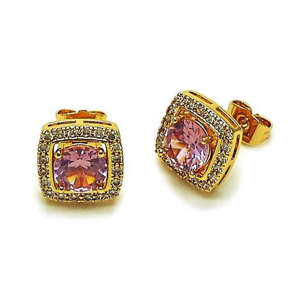 Arete Dormilona 02.344.0178 Oro Laminado, Diseño de Cluster, con Zirconia Cubica Rosado y Blanca, Pulido, Dorado