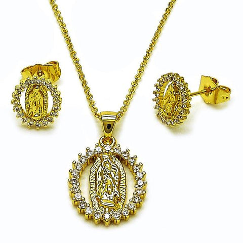 Juego de Arete y Dije de Adulto 10.156.0537 Oro Laminado, Diseño de Guadalupe, con Zirconia Cubica Blanca, Pulido, Dorado