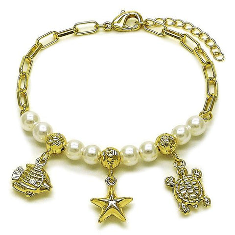 Pulsera de Dije 03.213.0374.07 Oro Laminado, Diseño de Pescado y Tortuga, Diseño de Pescado, con Perla Marfil, Pulido, Dorado