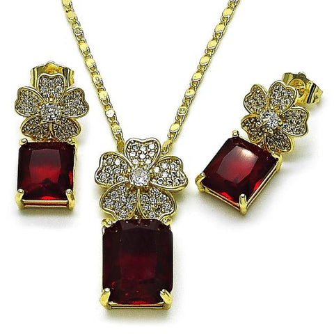 Juego de Arete y Dije de Adulto 10.196.0190.4 Oro Laminado, Diseño de Flor, con Zirconia Cubica Granate y Micro PaveBlanca, Pulido, Dorado
