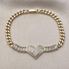 Pulsera Elegante 03.283.0478.07 Oro Laminado, Diseño de Corazon y Baguette, Diseño de Corazon, con Zirconia Cubica Blanca, Pulido, Dorado